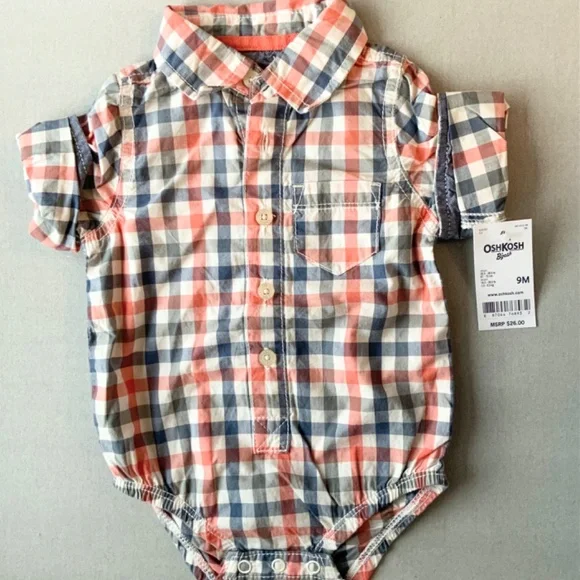 LOT OF 2 OSHKOSH B’GOSH BABY BOYS 9 Mos. ONE PIECE BODYSUITS PLAID & STRIPED NWT - Picture 2 of 7